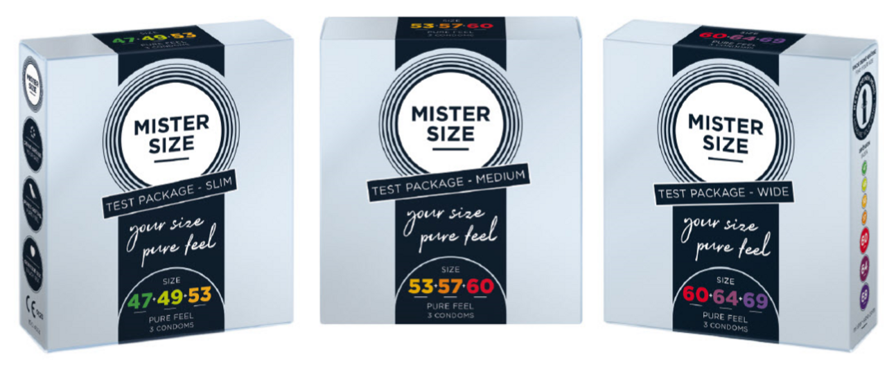 Üç farklı Mister Size prezervatif test paketi