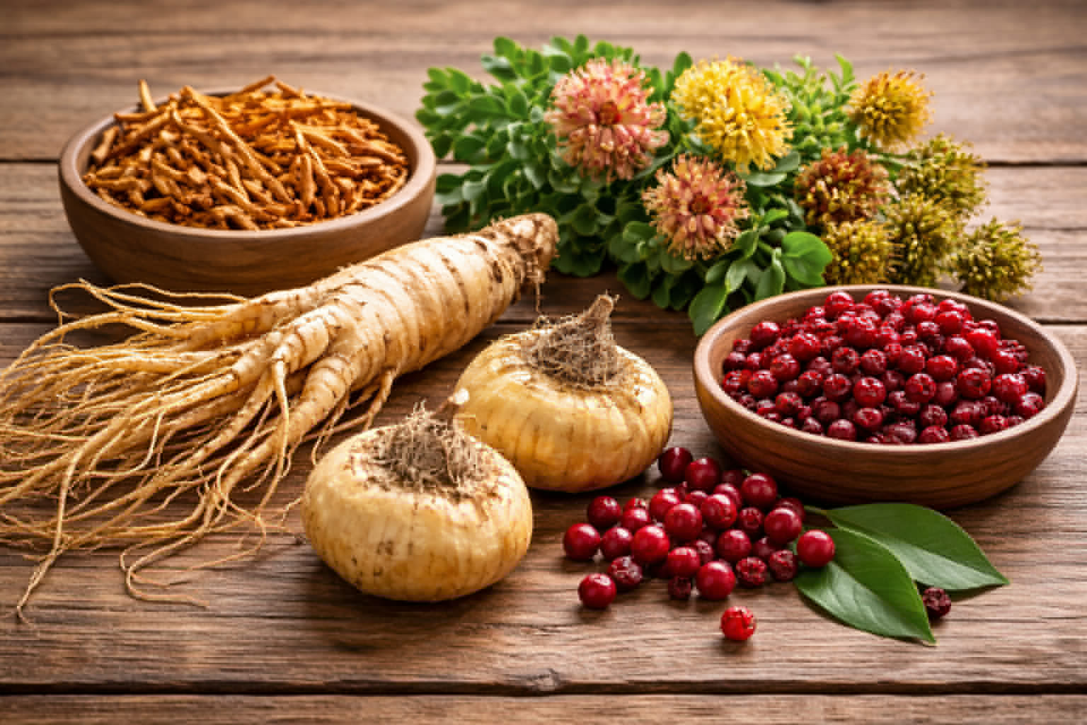 Birçok bitkisel cinsel gücü artırıcıda bulunan bileşenler: Ginseng, Cordyceps, Rhodiola, Schisandra ve Maca